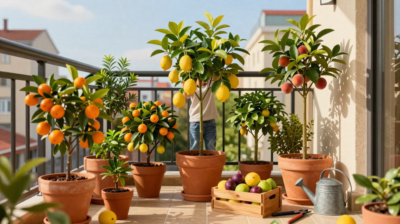 Balkon mit verschiedenen Zitrus- und Obstbäumen in Töpfen, Obstkiste und Giesskanne bei Sonnenschein.