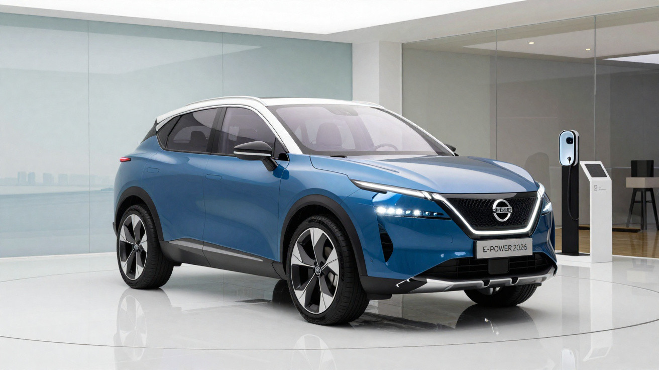 Blaues Elektroauto Nissan E-POWER 2026 in modernem Showroom, Ladestation sichtbar im Hintergrund.