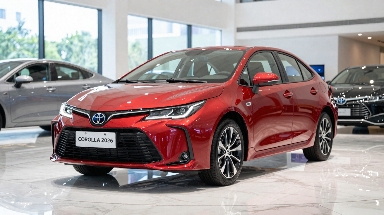 Roter Toyota Corolla 2026 in einem hellen Autohaus mit grossen Fenstern und anderen Fahrzeugen im Hintergrund.
