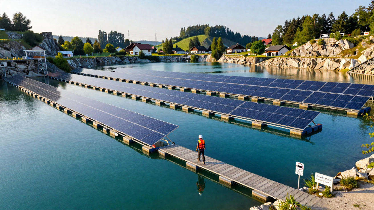 Person mit Helm steht auf Steg vor schwimmenden Solarpanelen in einem See bei sonnigem Himmel.