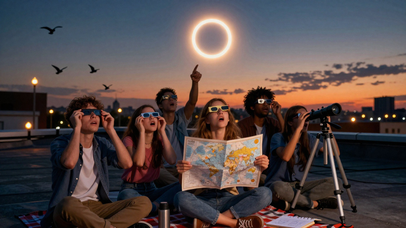 Eine Gruppe junger Leute beobachtet mit Solarbrillen eine Sonnenfinsternis bei Sonnenuntergang auf dem Dach.