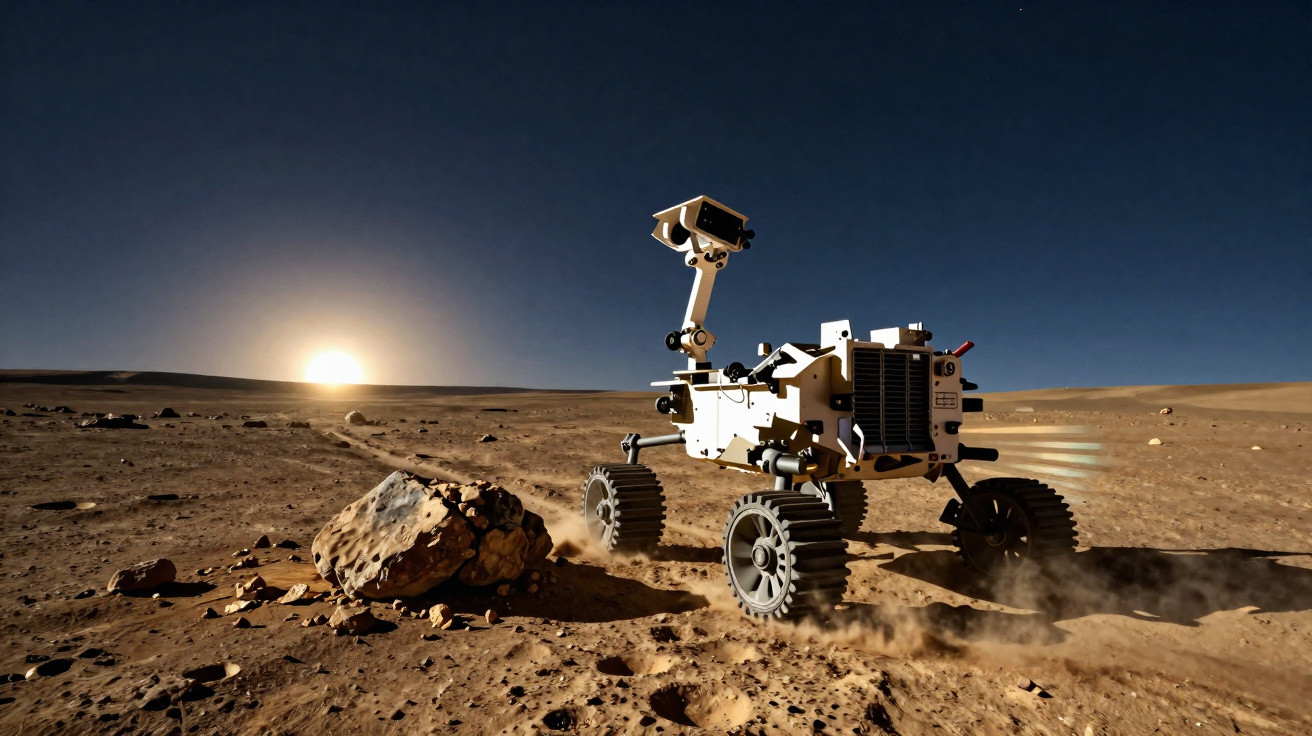 Roboter-Rover untersucht felsige Marslandschaft bei Sonnenaufgang unter klarem Sternenhimmel.