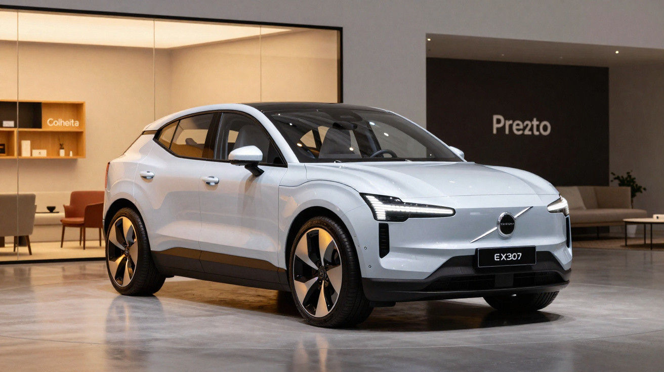 Weisser Polestar EX307 Elektro-SUV steht in modernem Showroom mit Möbeln im Hintergrund.