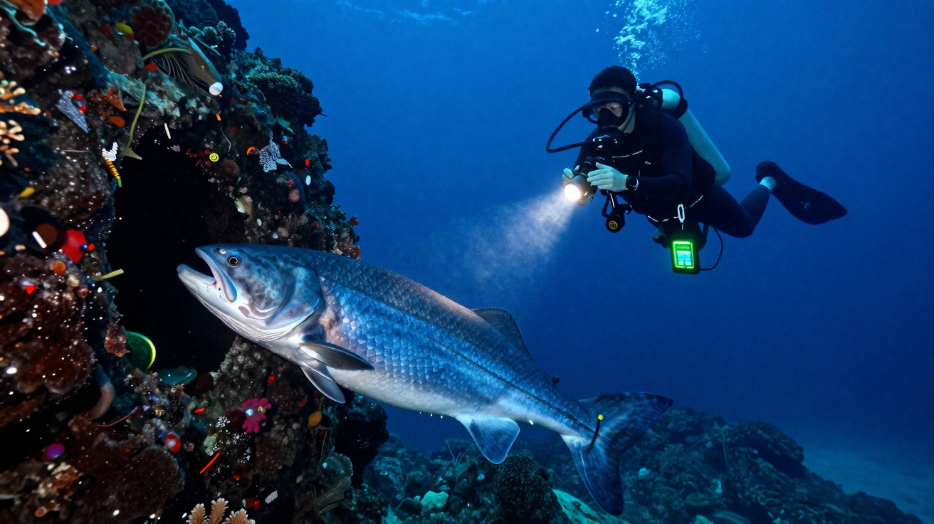 Taucher mit Lampe beobachtet grossen Fisch vor farbenfrohem Korallenriff unter Wasser.