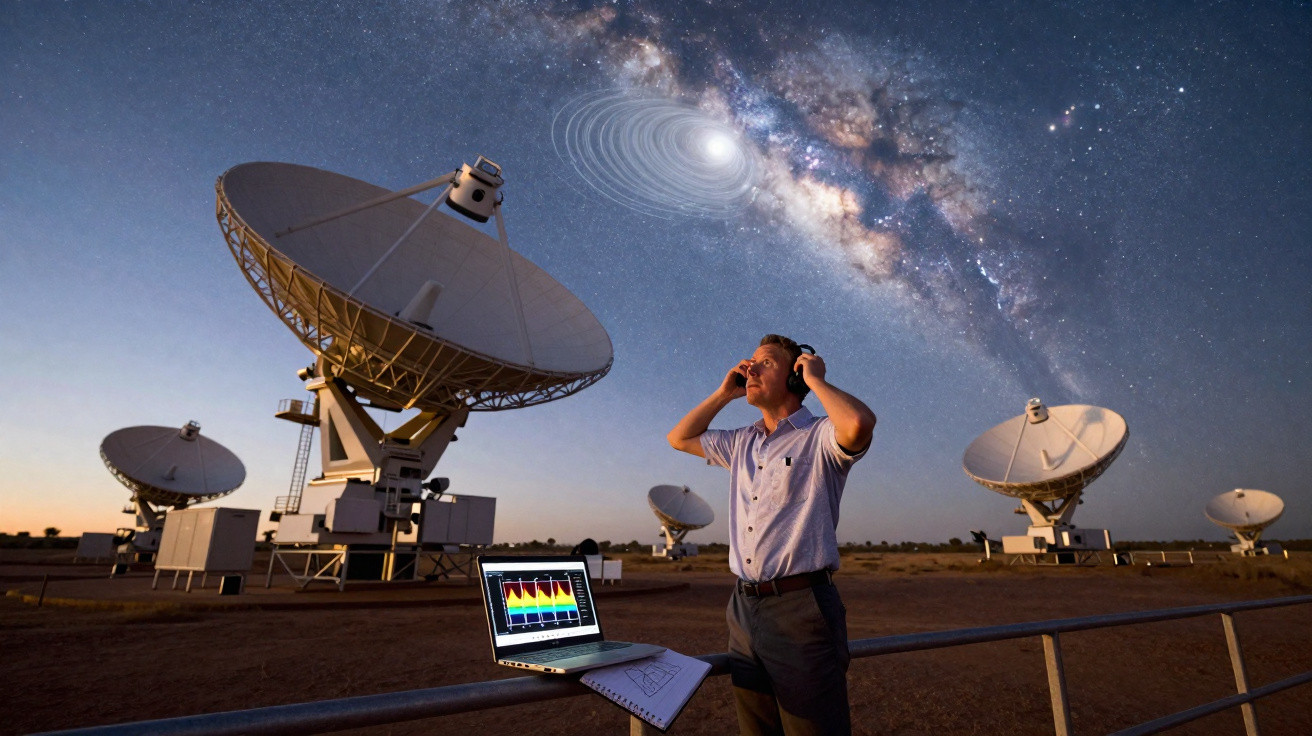 Ein Mann trägt Kopfhörer bei Radioteleskopen unter einem Sternenhimmel mit Milchstrasse.