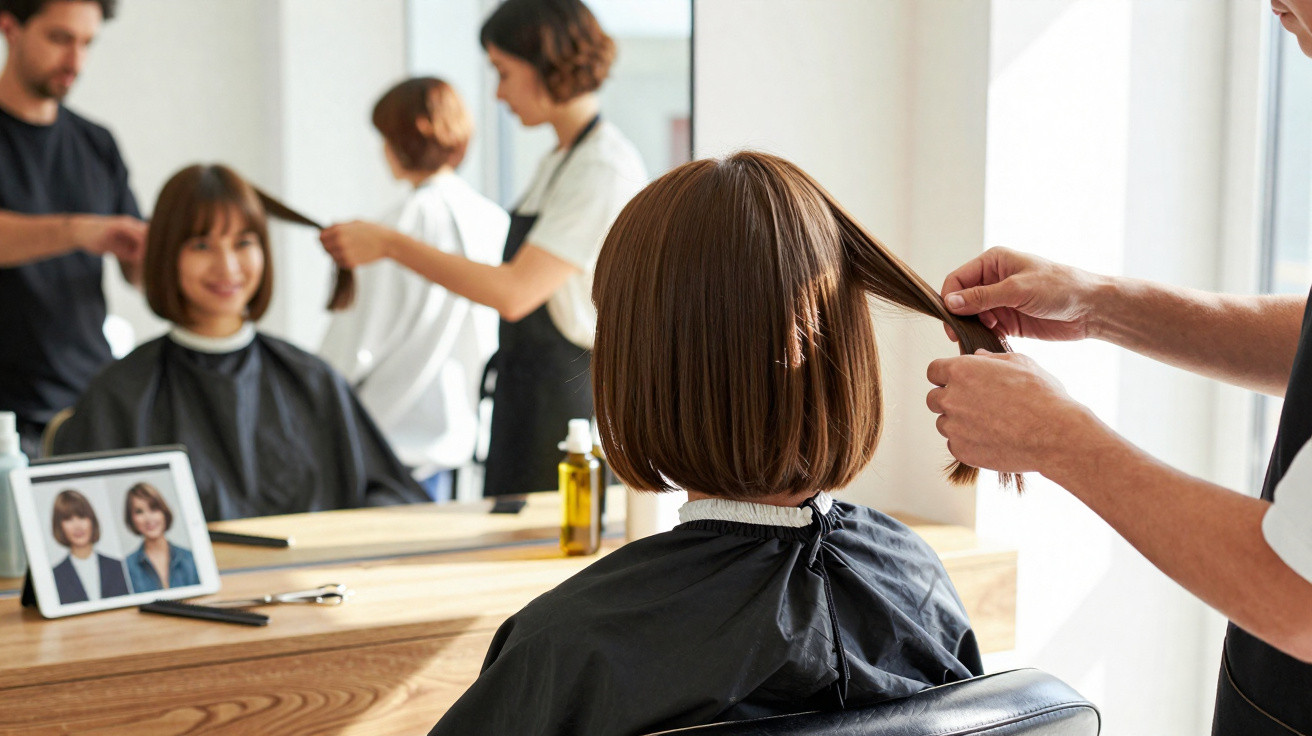 Friseursalon: Friseur legt einer Kundin mit kurzem Haar die Strähnen für einen Haarschnitt zurecht.