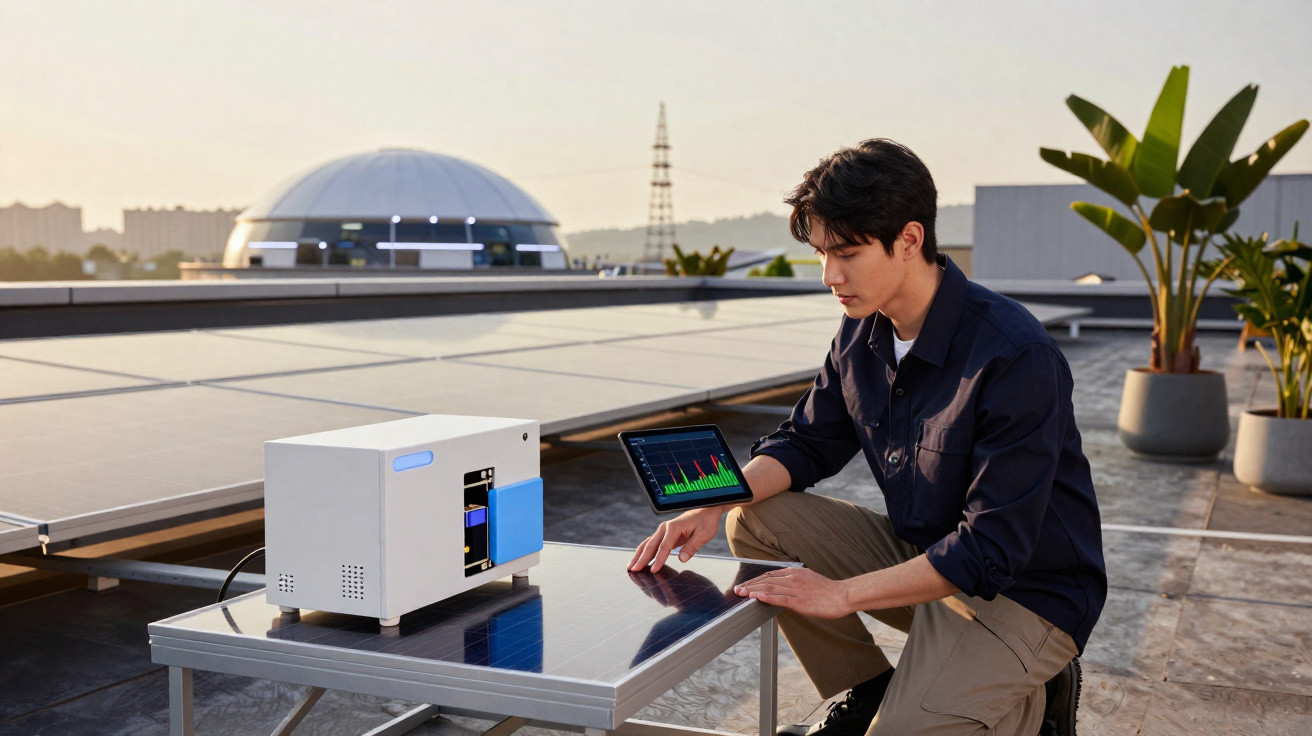 Junger Mann kontrolliert Solarpaneele und Daten auf Tablet auf Dach mit moderner Technologie.