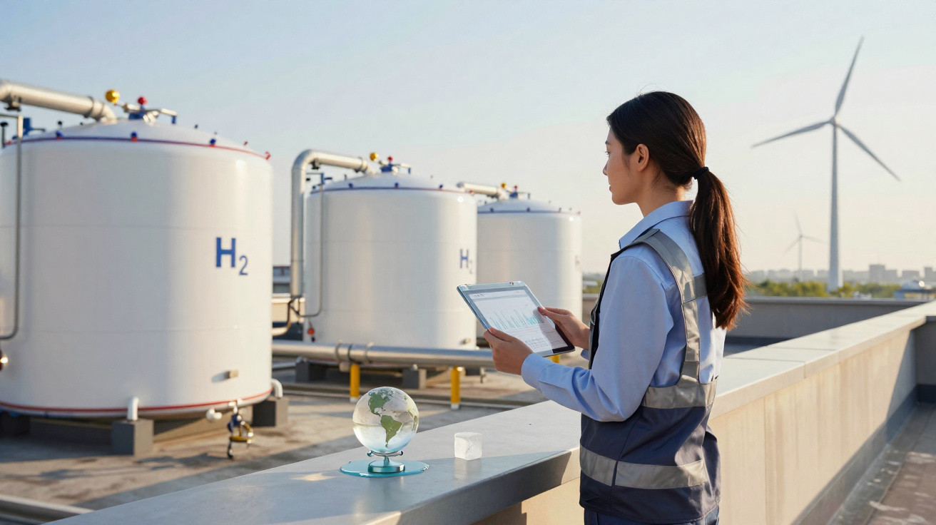 Frau mit Tablet vor Wasserstofftanks und Windrädern auf einem Industriegebäude bei Sonnenaufgang.