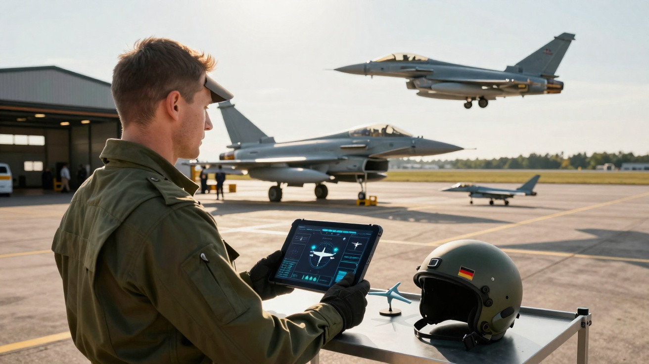 Militärpilot mit Tablet vor startendem Kampfjet auf Rollfeld, Helm auf Tisch neben ihm.