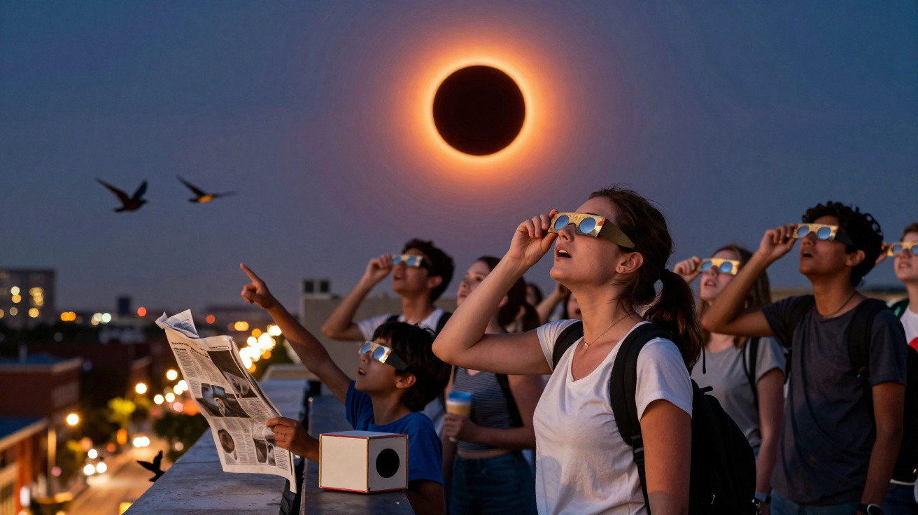Gruppe von Menschen mit Schutzbrillen beobachtet eine totale Sonnenfinsternis am Abendhimmel über der Stadt.