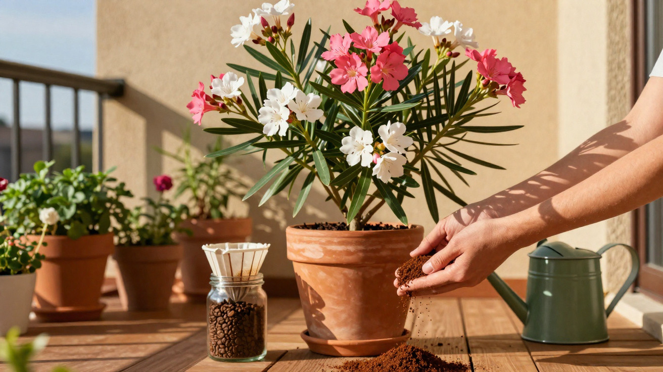 Person fügt Kaffeepulver neben einem Oleander mit weissen und rosa Blüten in einem Terrakottatopf hinzu.