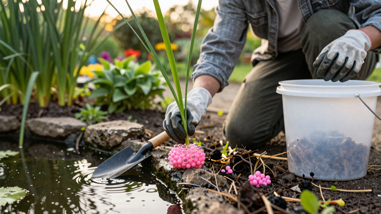 Person setzt rosa Eier am Teichrand als Schneckenschutz im Garten ein, Hände mit Gartenhandschuhen.
