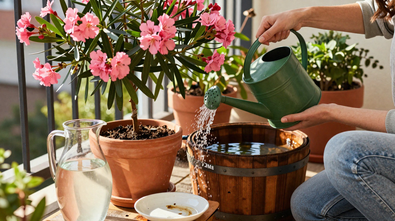 Person gießt mit grünem Gieskanne eine Topfpflanze mit pinken Blüten auf einem Balkon.