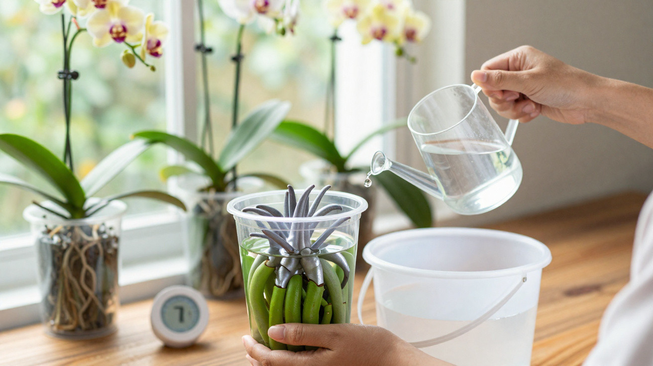 Person gießt Wasser in einen Plastikbecher mit einer Orchidee neben einem sonnigen Fenster.