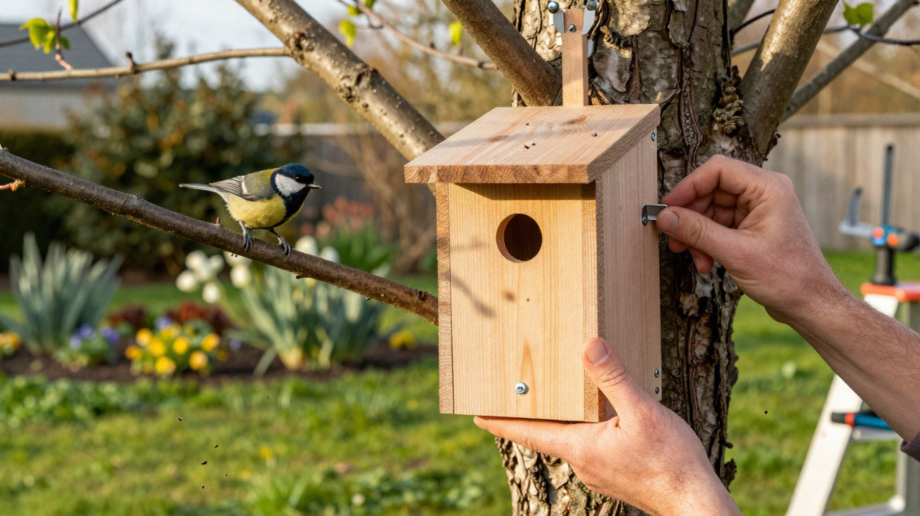 Hand montiert einen hölzernen Vogelhauskasten an Baum, Kohlmeise sitzt auf Ast im Garten.