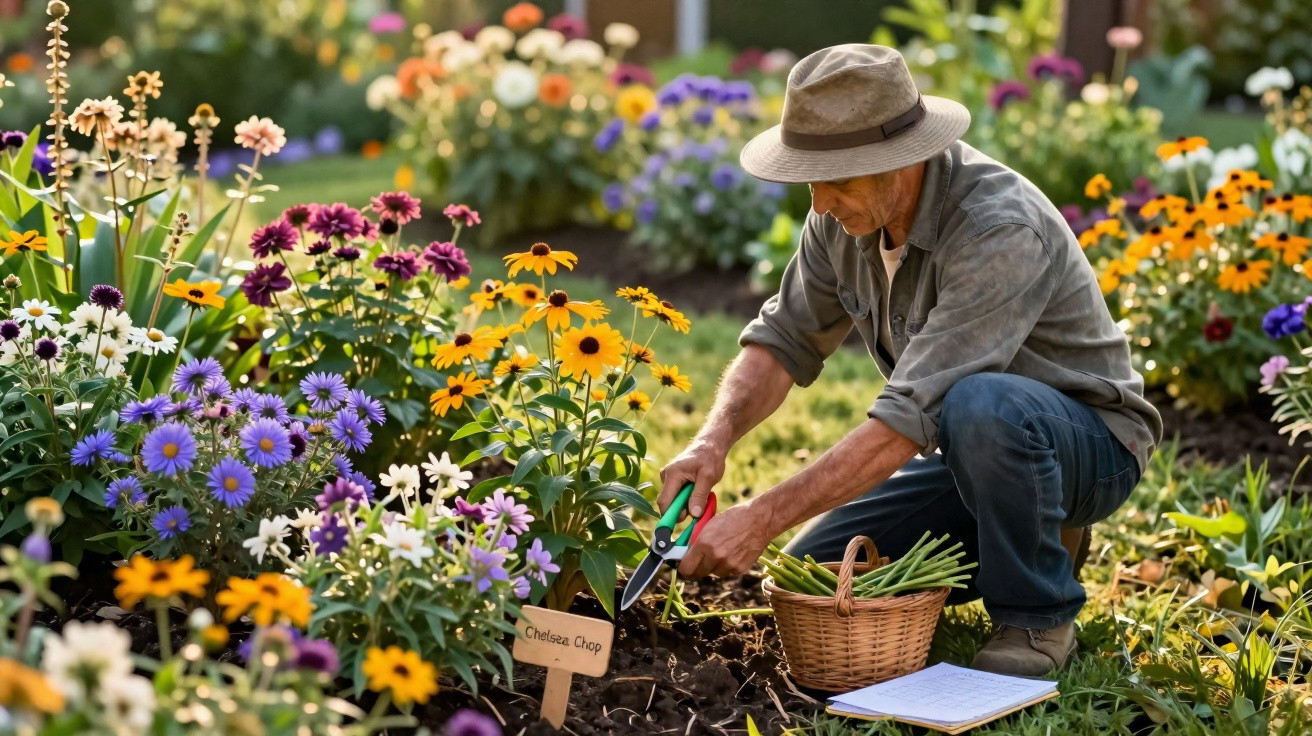 Ein älterer Mann in Hut und Arbeitshose pflegt bunte Blumen in einem Garten bei Tageslicht.