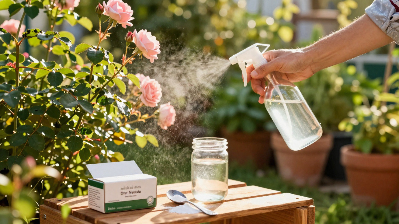 Eine Hand sprüht Wasser mit einer Sprühflasche auf rosafarbene Rosen im Garten.