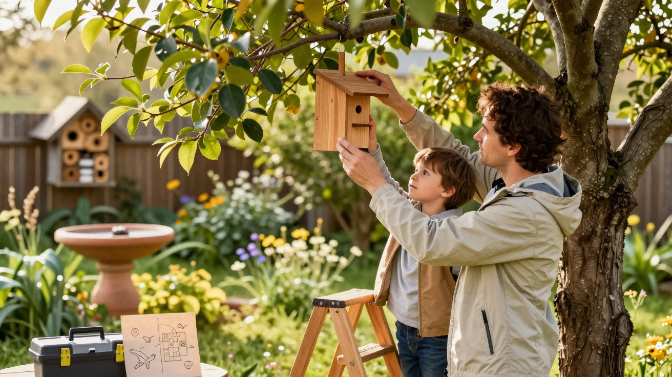 Vater und Sohn hängen zusammen ein Vogelhaus an einem Baum im Garten bei Sonnenschein auf.