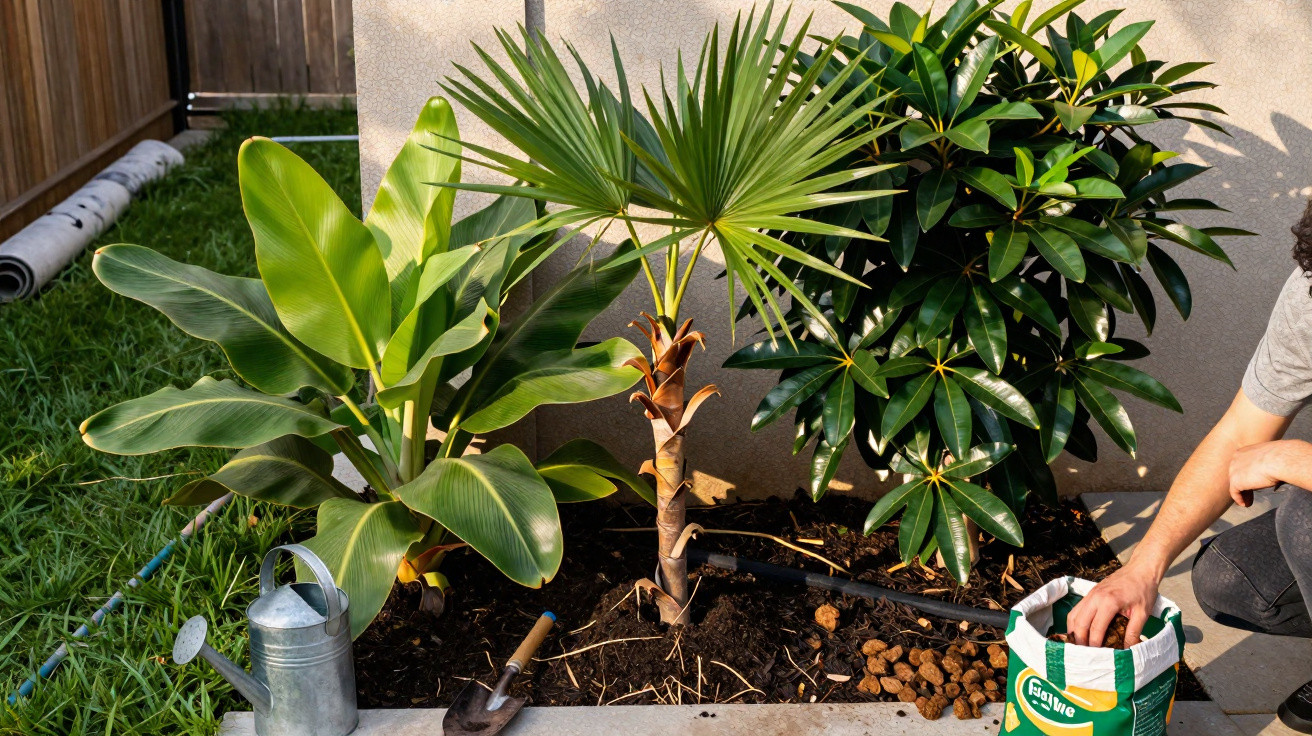 Pflanzenbeet mit verschiedenen tropischen Pflanzen, Gieskanne und Gartenschaufel, Person düngt Boden.
