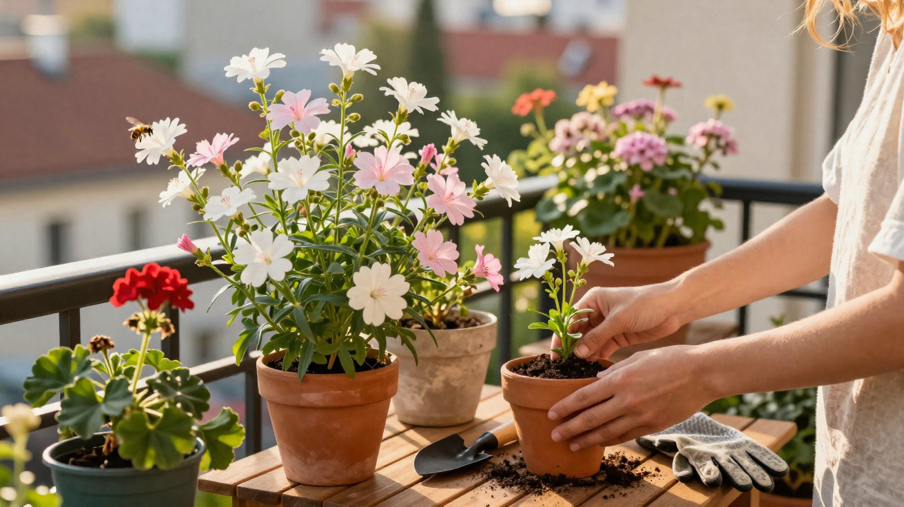 Frau pflegt bunte Blumen in Blumentöpfen auf einem sonnigen Balkon mit Gartengeräten.