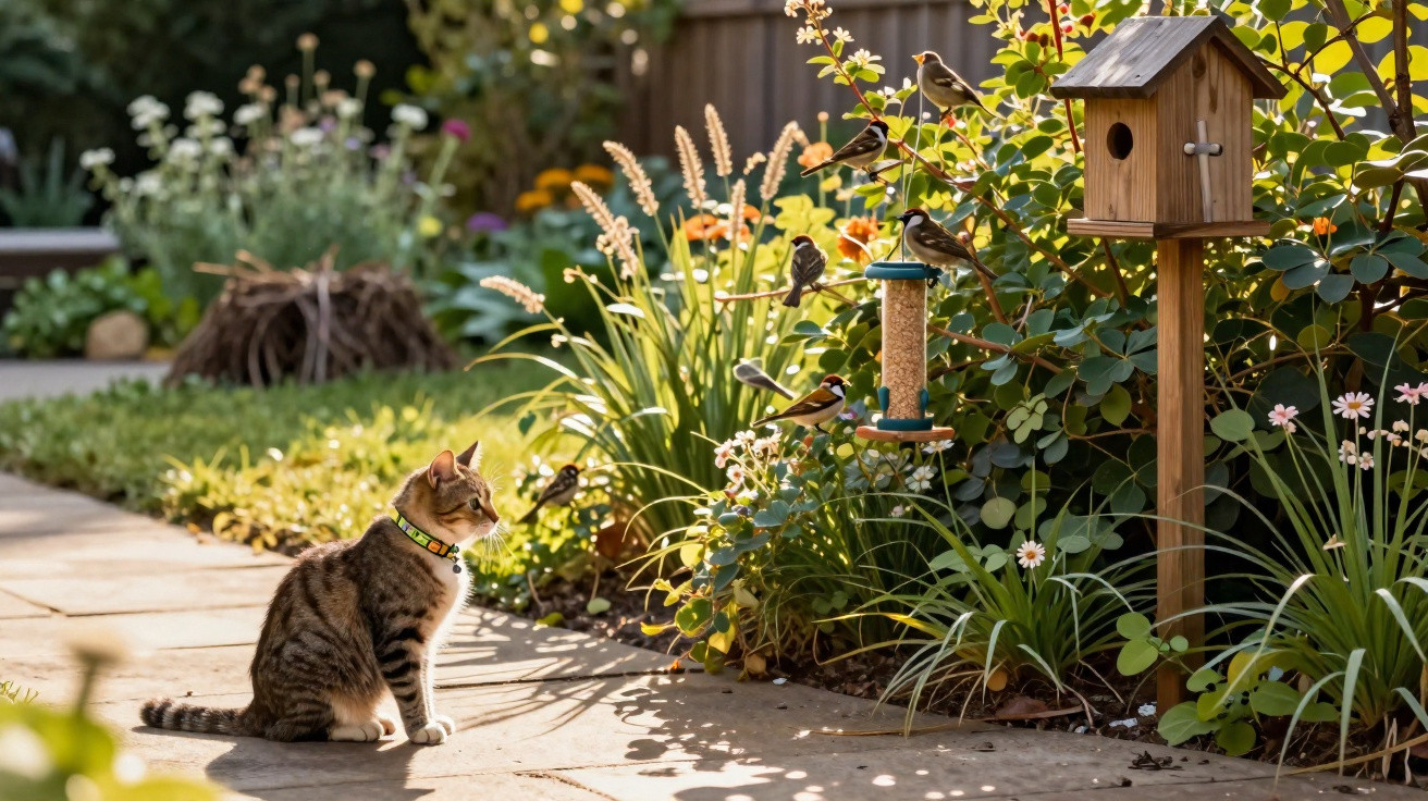 Katze beobachtet mehrere kleine Vögel, die an einem Futterspender in einem sonnigen Garten sitzen.