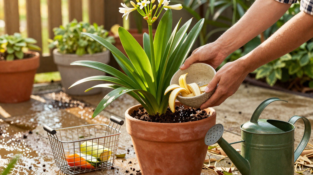 Person gibt Bananenschalen als Dünger in einen Blumentopf mit grüner Pflanze im Garten.