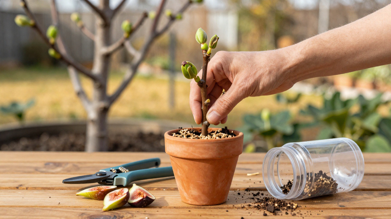 Hand setzt Steckling in kleinen Topf mit Blumenerde, Werkzeug und Feigen auf Holztisch im Garten.