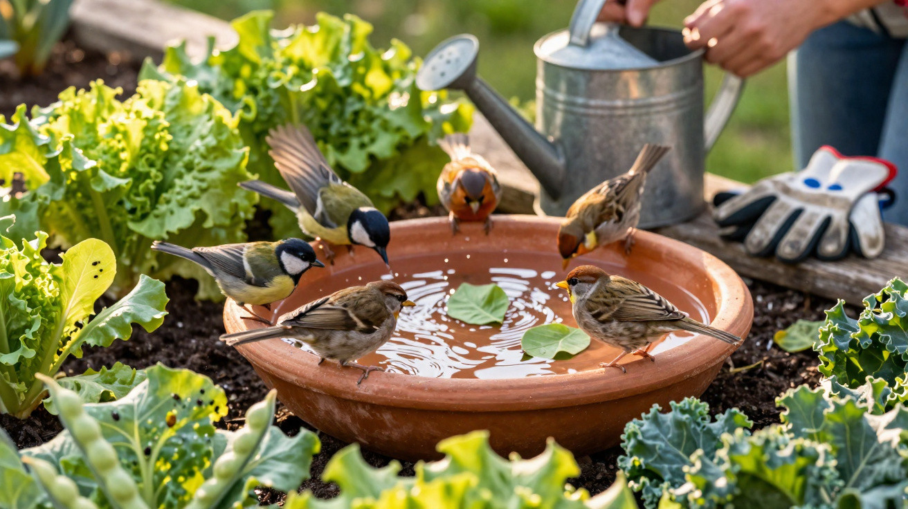 Vögel trinken Wasser aus einer Tonschale im Garten, umgeben von grünem Gemüse und Gartengeräten.