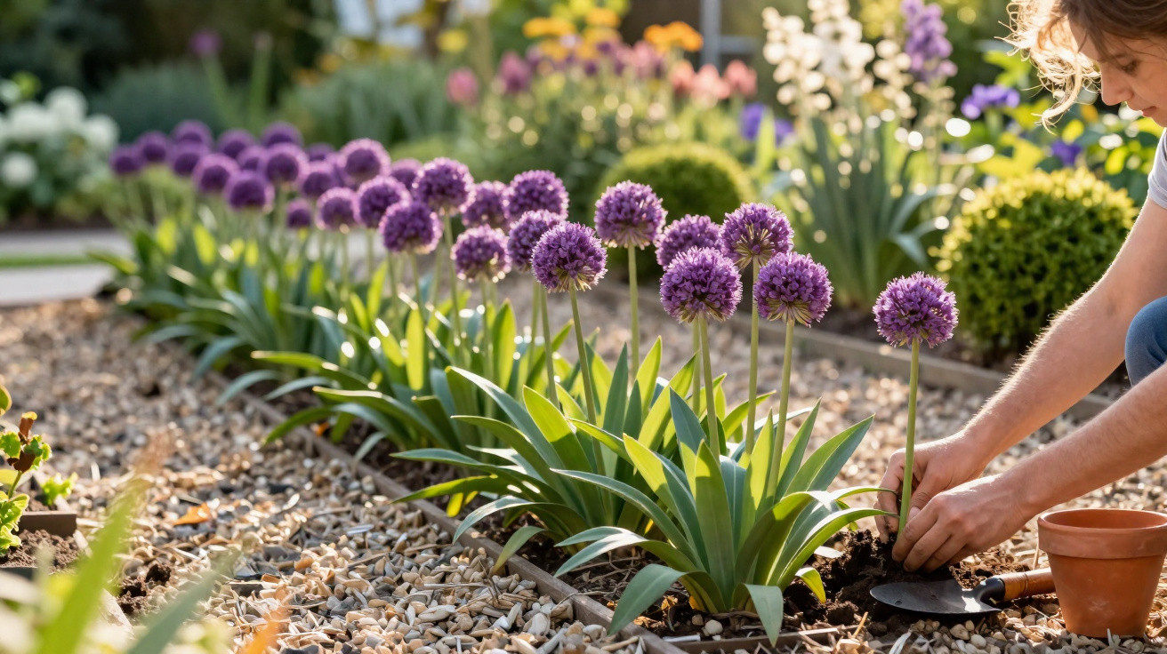 Person, die in einem sonnigen Garten lila Zierlauch pflanzt, mit Kiesweg und grünen Pflanzen im Hintergrund.