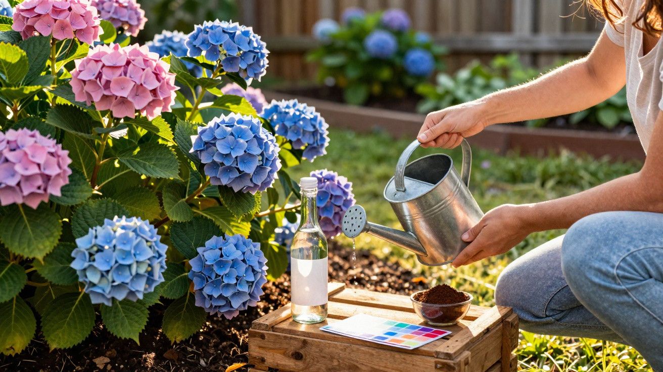 Frau giessst in Garten blaue und rosa Hortensien mit Giesskanne bei sonnigem Wetter.