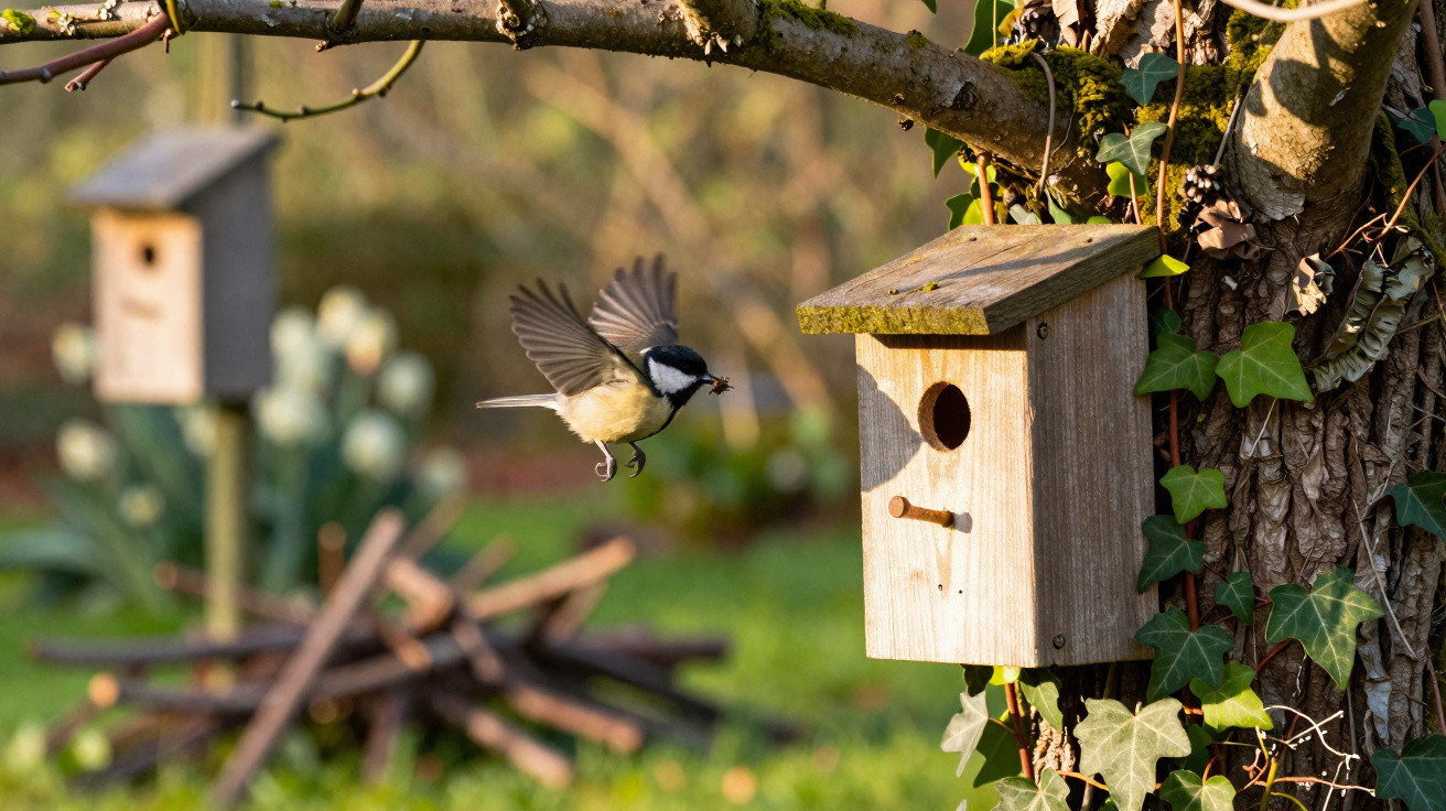 Kohlmeise im Flug mit Futter im Schnabel vor Nistkasten an einem Baum im Garten bei Sonne