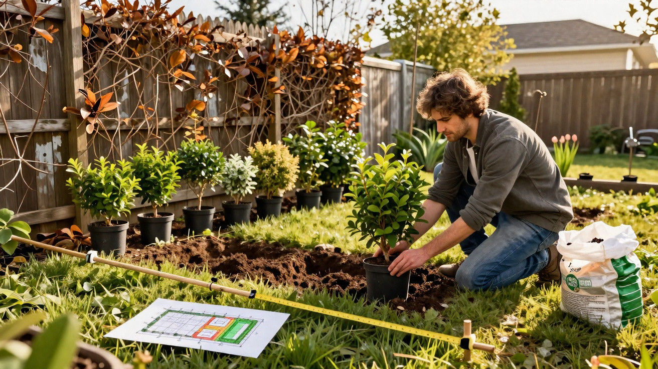 Mann pflanzt Sträucher im Garten, umgeben von Pflanzen, Erde und Gartenplan auf Rasen.