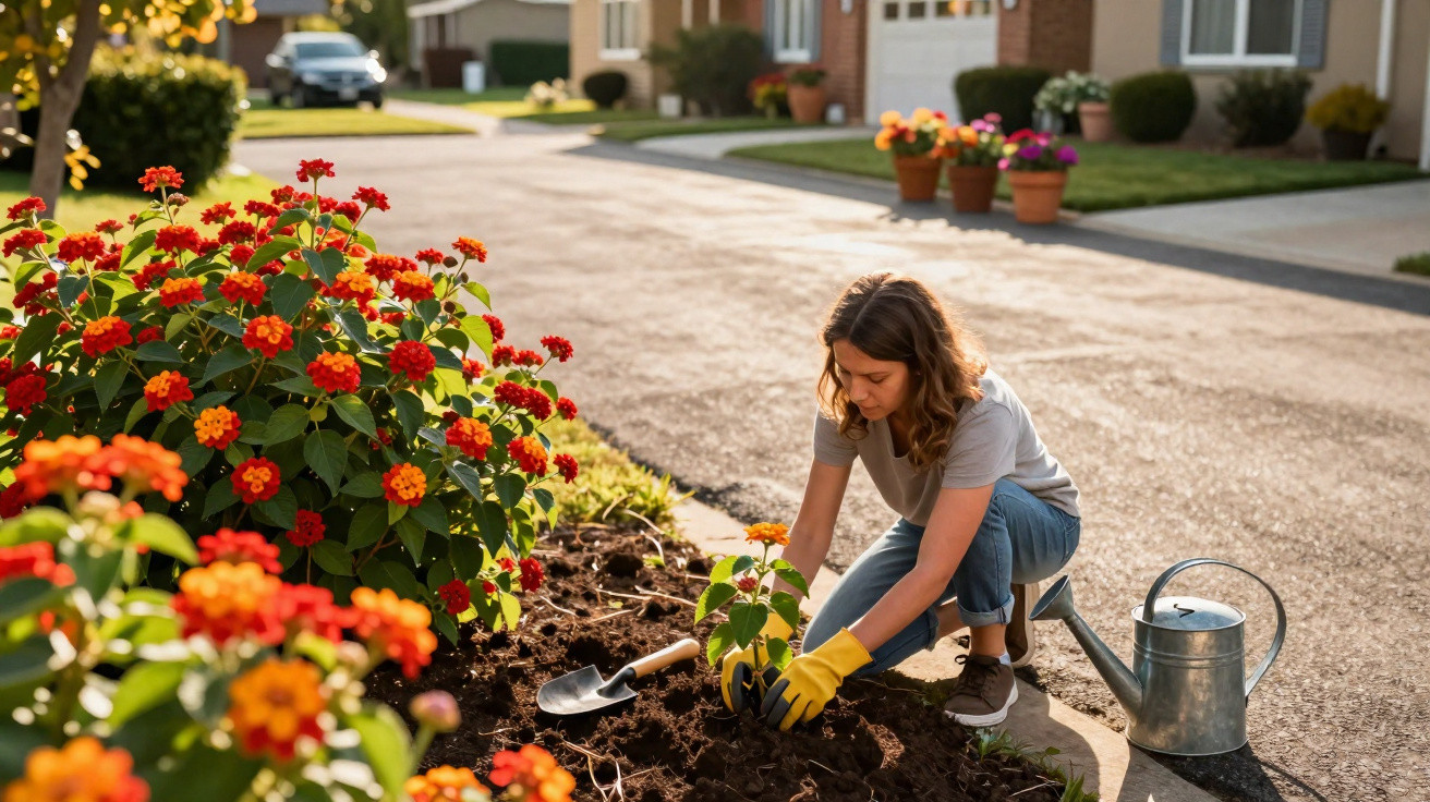 Frau pflanzt Blumen im Garten neben Strasse, trägt gelbe Handschuhe, hat Gieskanne und Gartenschaufel dabei.