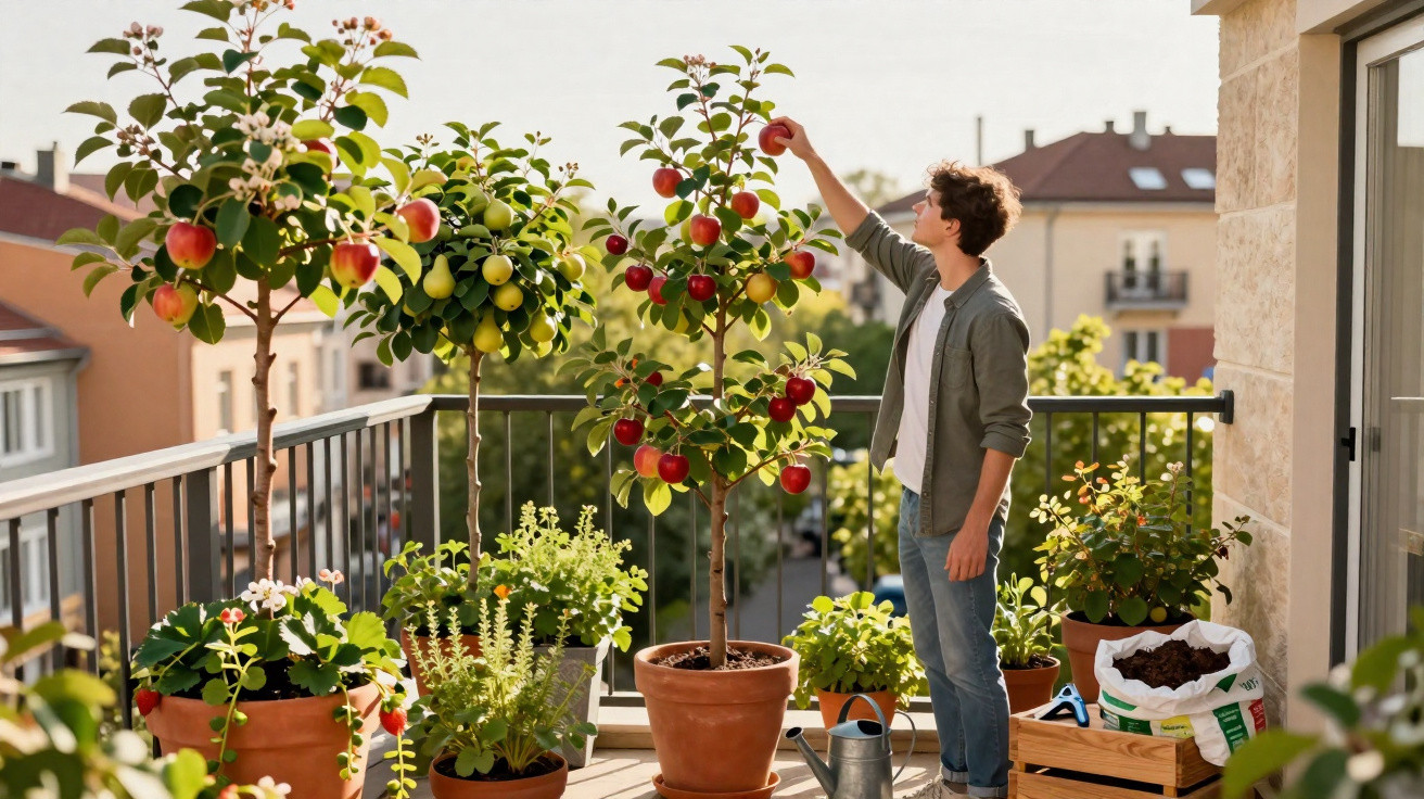 Junger Mann pflückt reifen Apfel von kleinem Baum auf sonnigem Balkon mit Topfpflanzen in Wohngebiet