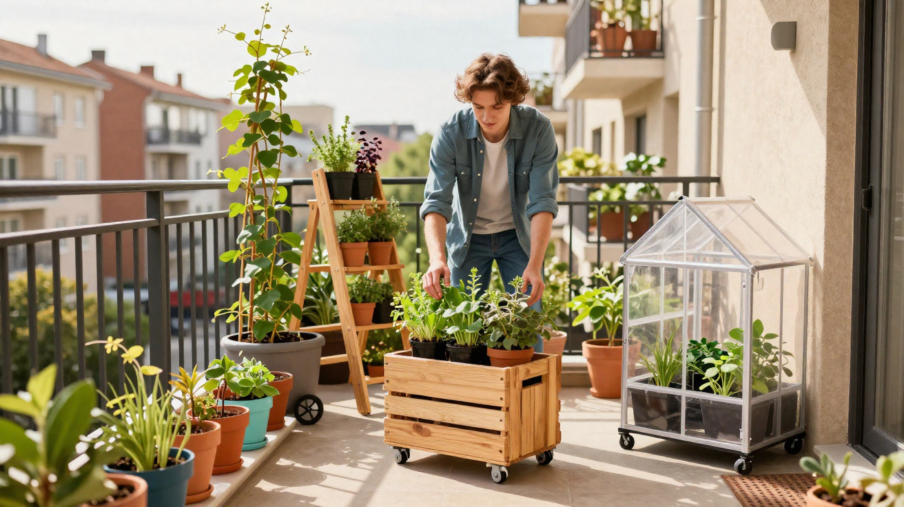 Junger Mann pflegt Kräuter in Töpfen auf einem sonnigen Balkon mit Pflanzen und kleinem Gewächshaus.