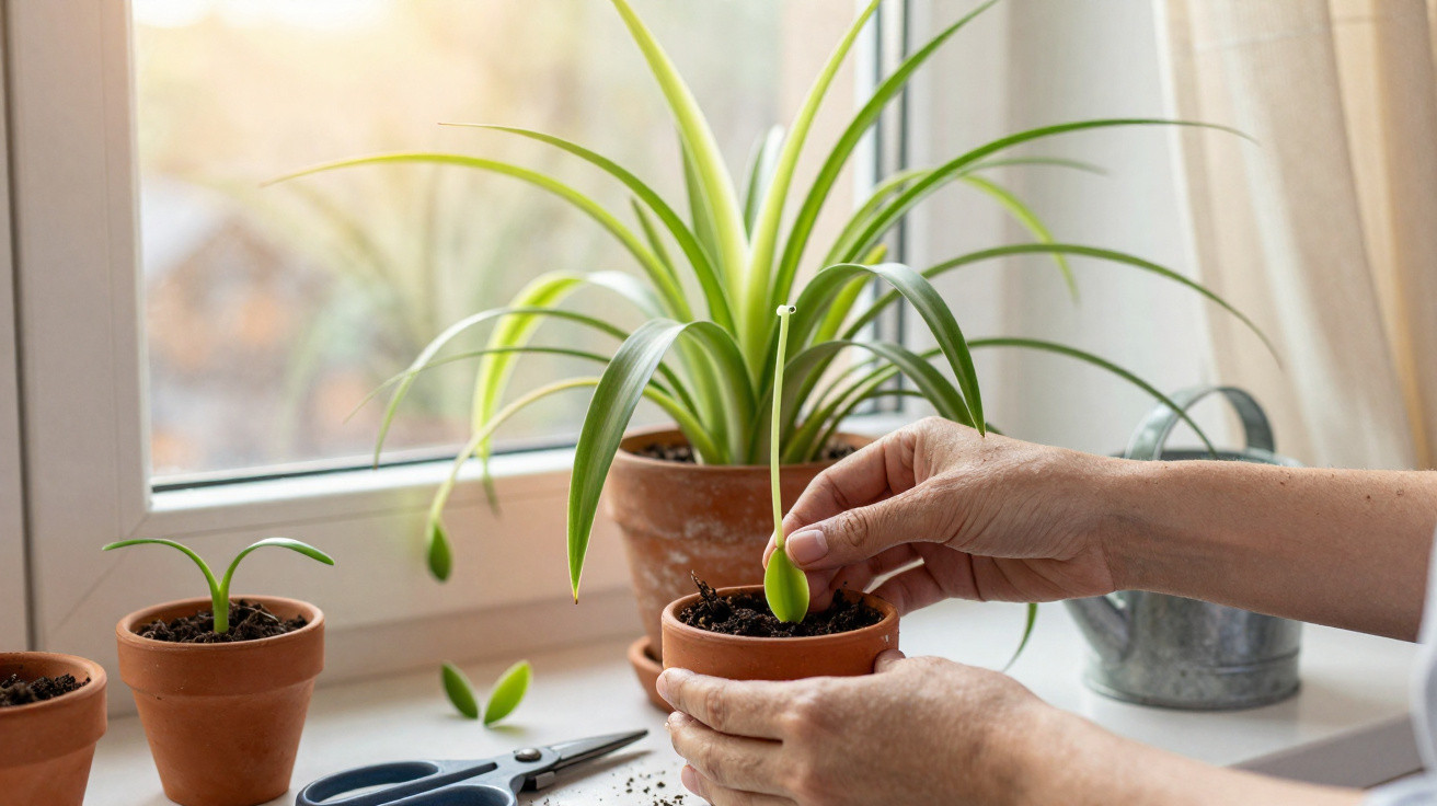Hände setzen grünen Keimling in kleinen Tontopf auf dem Fensterbrett mit Pflanze und Gartenschere.