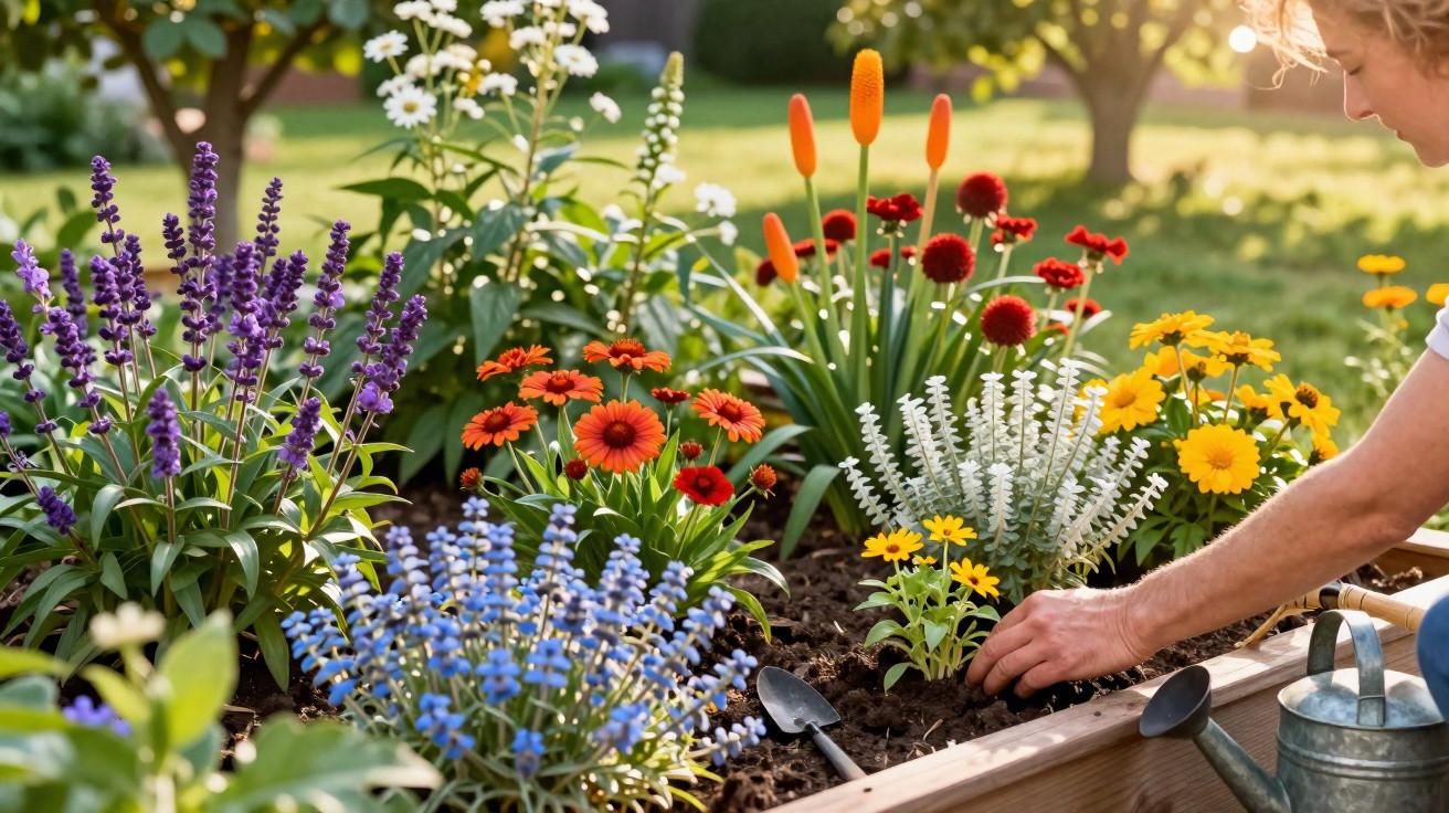 Person, die in einem Hochbeet bunte Blumen in sonnigem Garten pflanzt, mit Gieskanne und Gartengeräten.