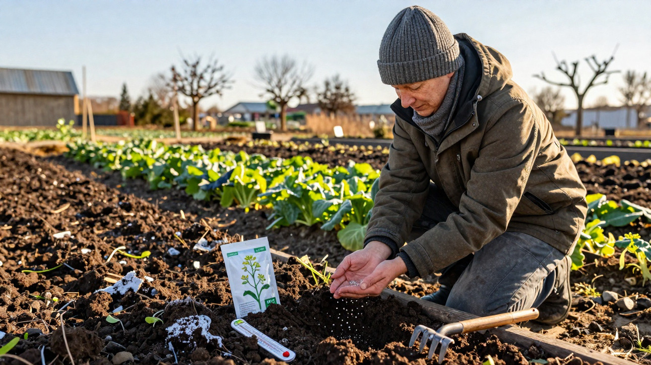 Mann im Winter zieht Samen in einem Feld, umgeben von Pflanzen und Gartengeräten.