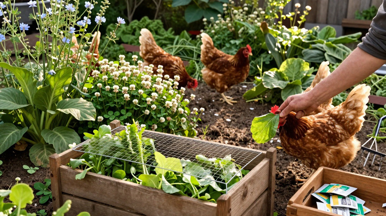 Hühner im Garten zwischen Blumen und Gemüse, eine Hand hält ein Blatt mit roter Blüte für ein Huhn.