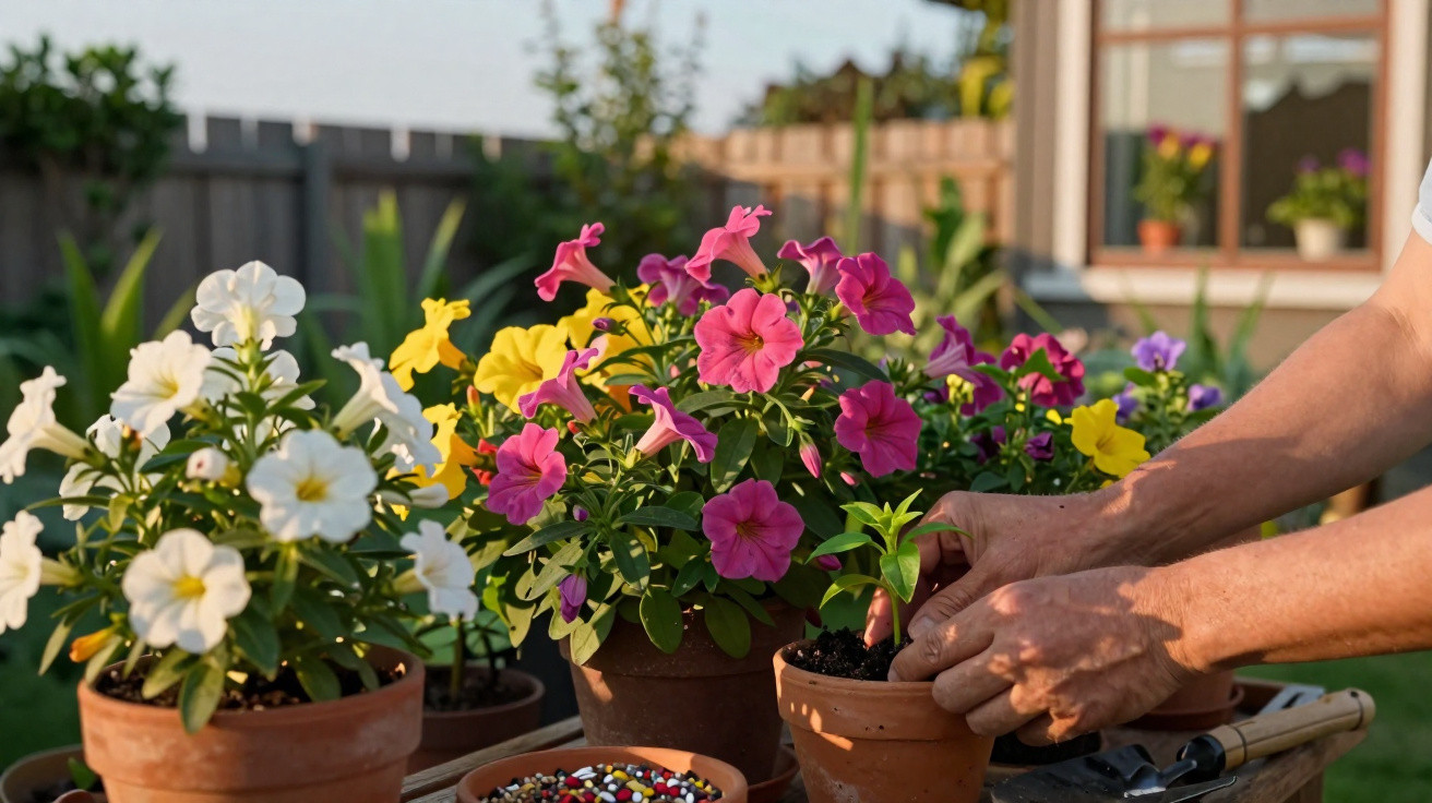 Person pflanzt bunte Blumen in Tontöpfe im Garten bei Sonnenlicht.