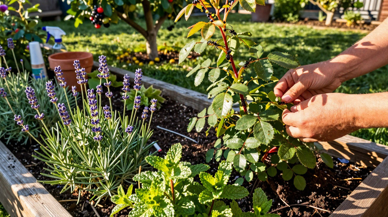 Hände pflegen Beerenstrauch in Hochbeet mit Lavendel und Minze im sonnigen Garten.