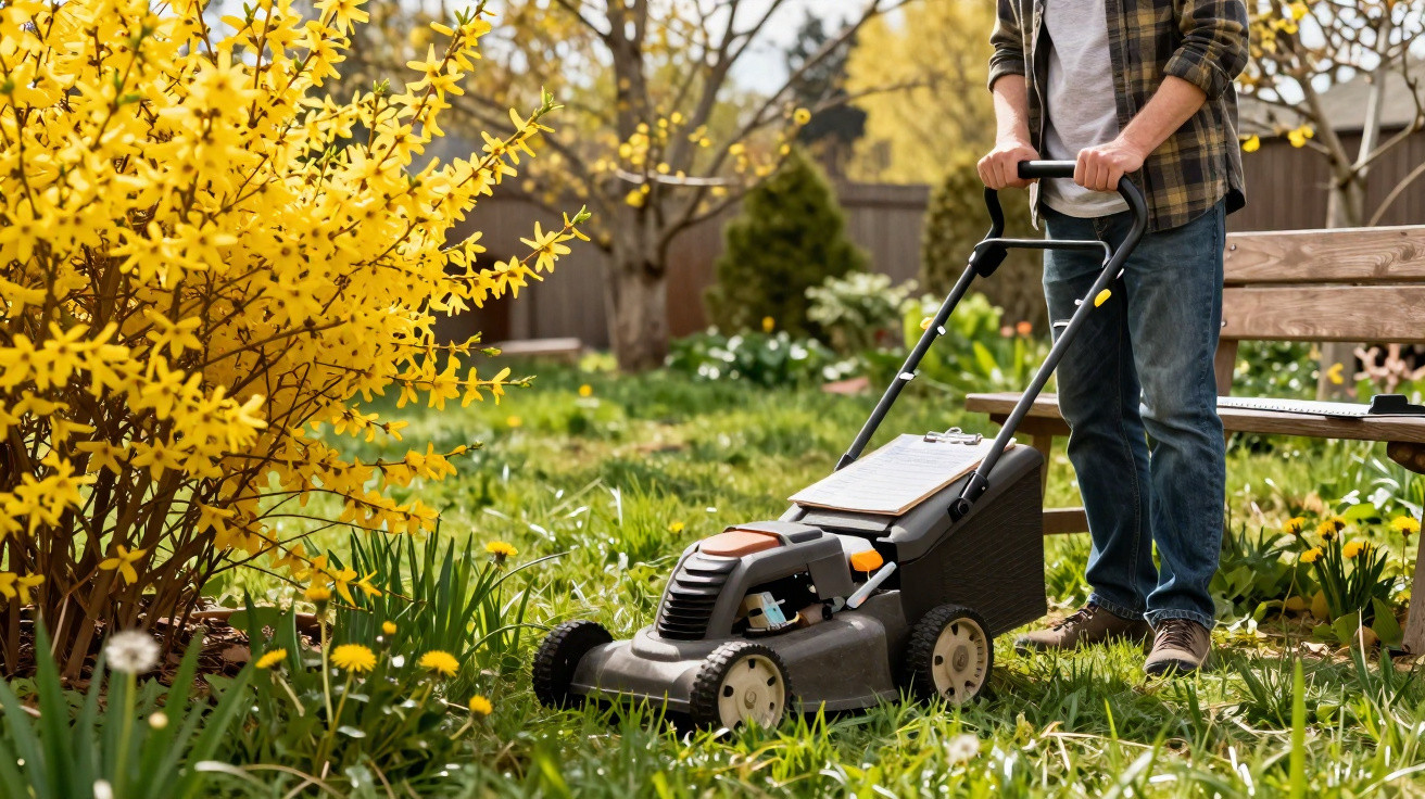 Person mäht den Rasen mit einem Benzin-Rasenmäher neben blühendem gelbem Forsythienstrauch im Garten.