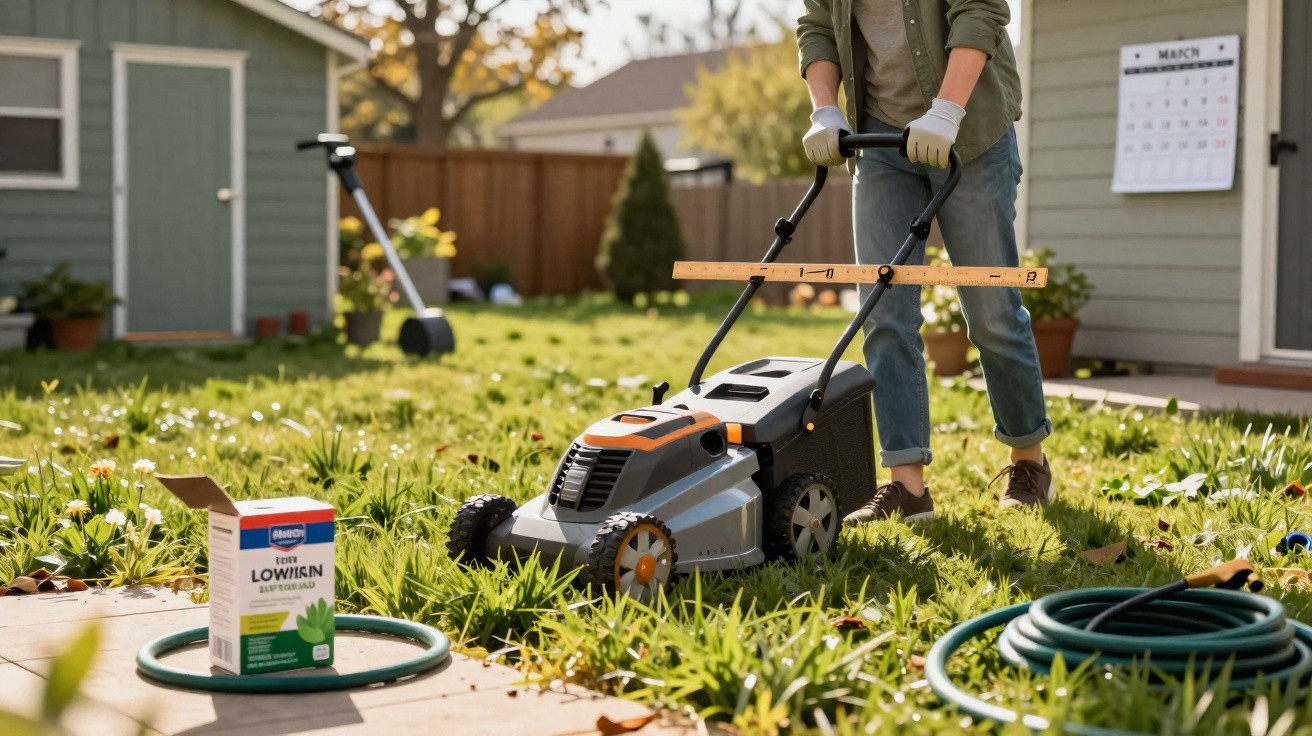 Person mäht Gartengrass mit Elektro-Rasenmäher vor einem Haus im Frühling