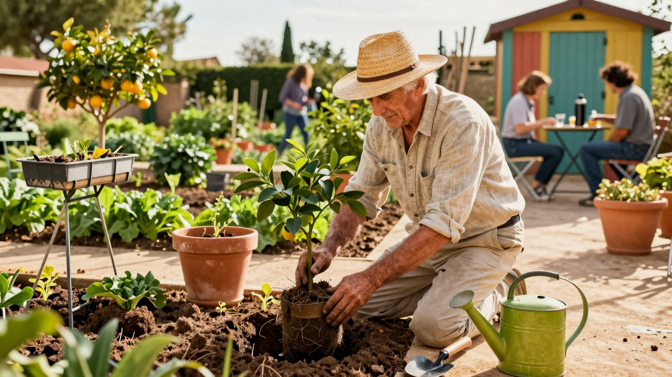 Älterer Mann pflanzt junge Pflanze im Garten, im Hintergrund sitzen zwei Personen an Tisch vor buntem Gartenhäuschen.