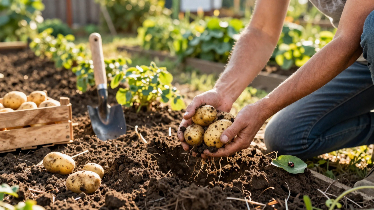 Person pflückt frisch geerntete Kartoffeln aus dem Gemüsebeet im Garten bei sonnigem Wetter.