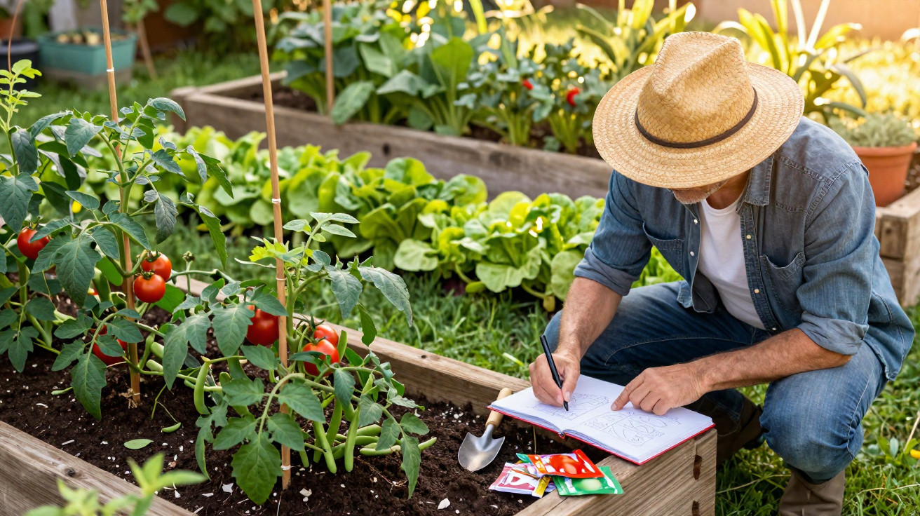 Mann mit Strohhut notiert im Garten Wachstumsdaten neben Tomatenpflanzen in Hochbeet bei Sonnenschein.