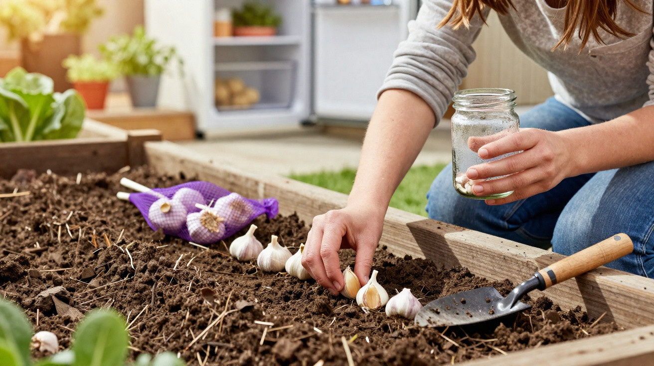 Person pflanzt Knoblauchzehen in Hochbeet mit Gartenschaufel und Glas im Garten bei Tageslicht.