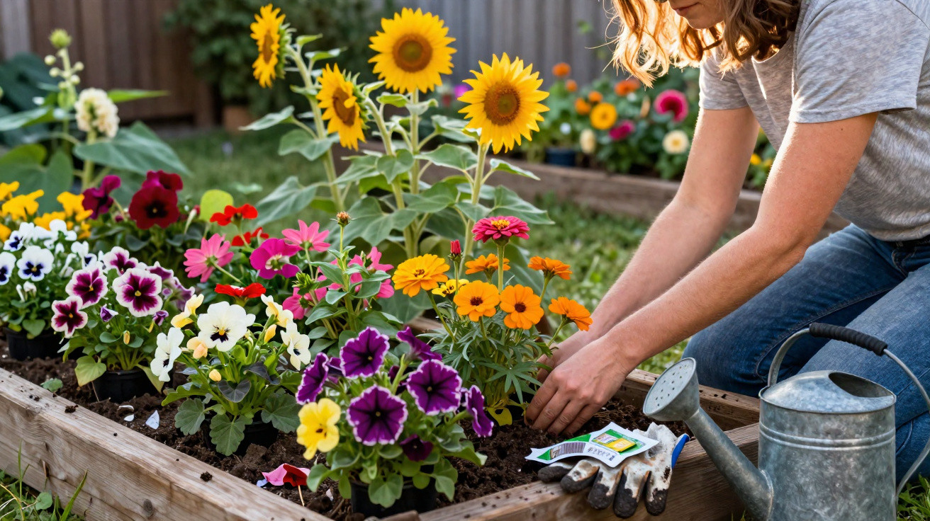 Frau pflanzt bunte Blumen in ein Hochbeet, mit Giesskanne und Handschuhen neben ihr.