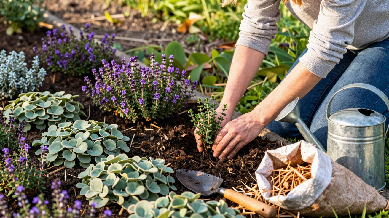 Person pflanzt junge Pflanze in einem sonnigen Gartenbeet mit Gießkanne und Gartengeräten nebenan.