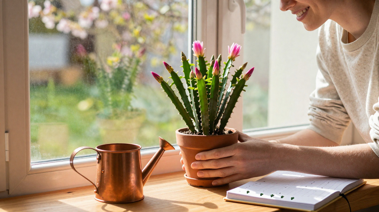Frau hält blühenden Kaktus in Blumentopf am Fenster, Kupfergiesskanne und Notizbuch auf Holztisch.
